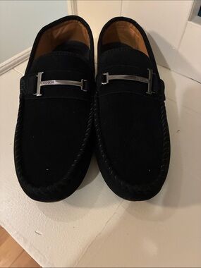 Men's Black Suede Slip-On Loafers with Silver Accent